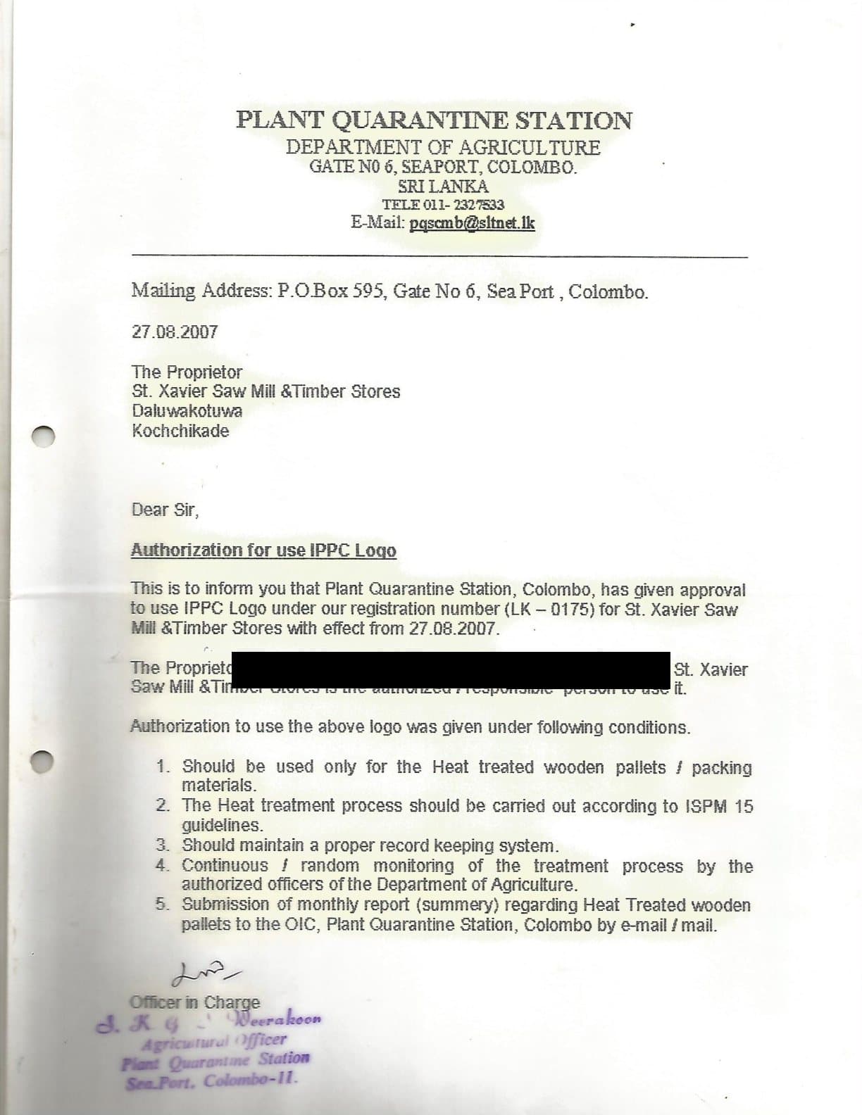 Plant Quarantine Station 2007 authorisation to use the IPPC logo under registration LK-0175 at the Kochchikade facility
