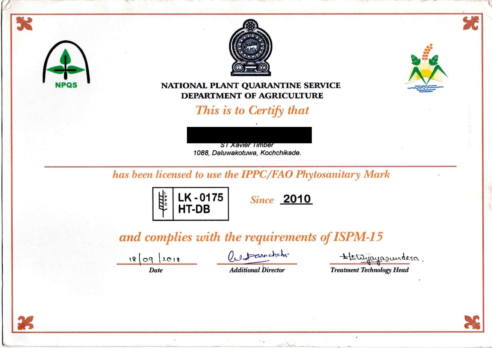 NPQS 2018 certificate licensing use of the IPPC/FAO phytosanitary mark under registration LK-0175